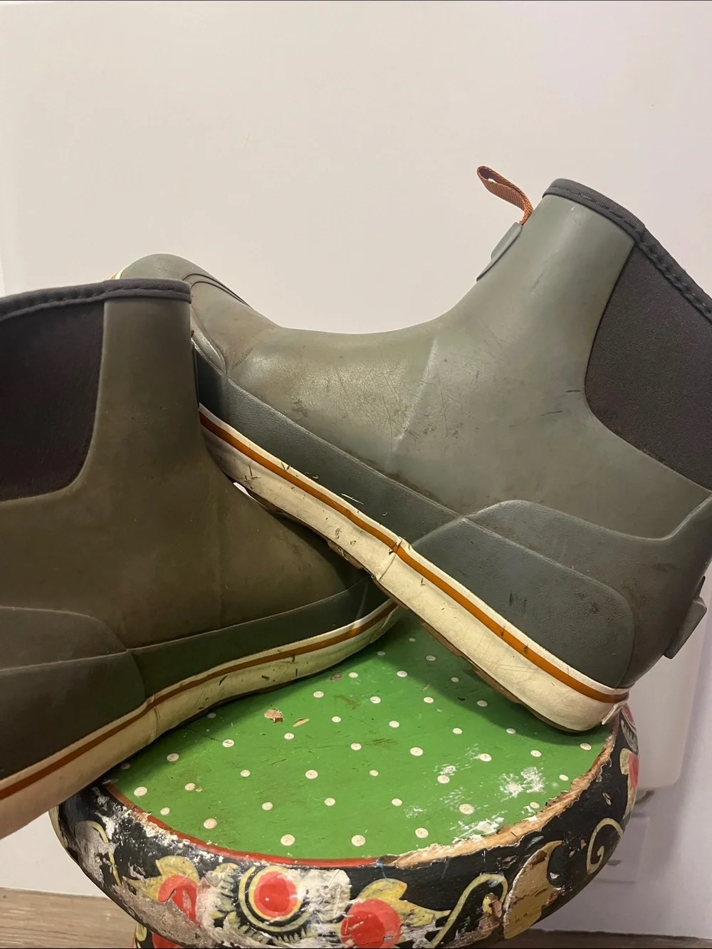 Men's Grudens Olive Ankle Rain Boots PNW boat low tide tide pool marsh garden